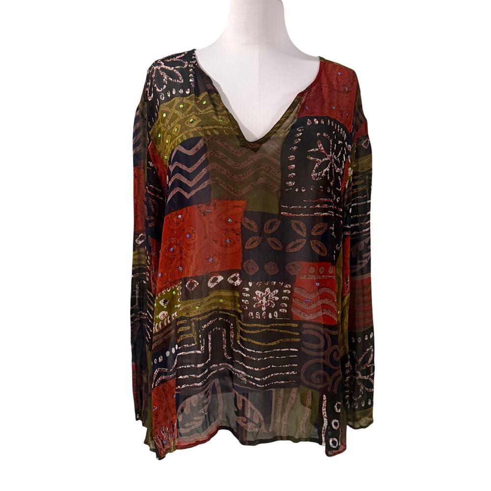 Vintage Caite Sheer Sequin Boho Patchwork Long Sheeve 1x Arsty Hippie Teacher